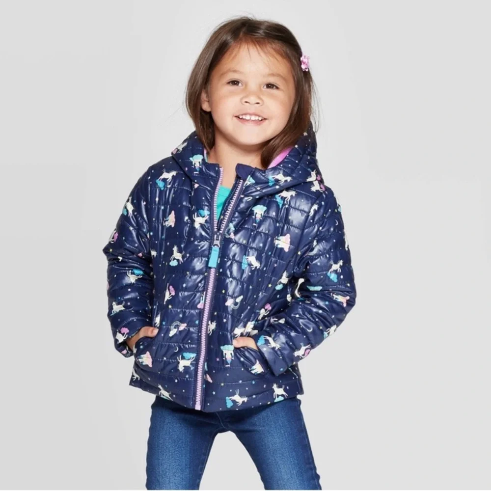 Cat & Jack Blue Unicorn Infant/Baby Girl's Midweight Puffer Hooded Jacket